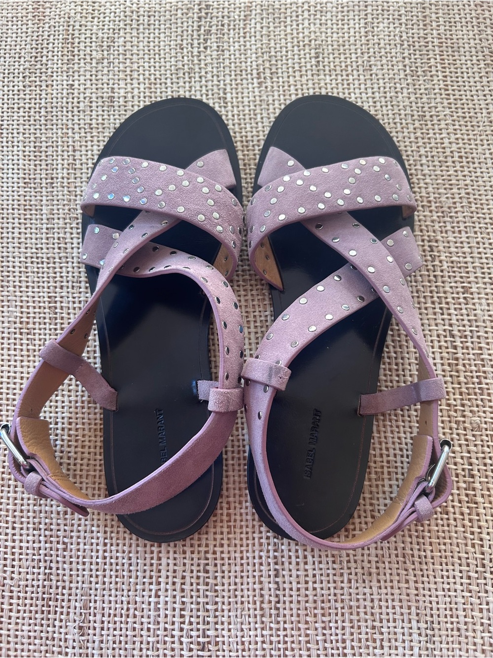Isabel Marant Jano Pale Lilac Suede w/Silver Studs Sandals w/Adj Buckle. 39/8.